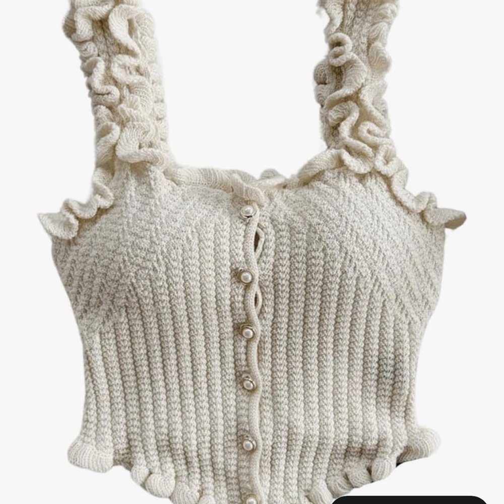 Amazon Cream Ruffle-Trim Knit Button Crop Tank